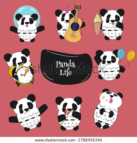 
Collection of funny pandas with guitar, ice cream, balls, helmet, animal sleeping, set of kawaii animals, vector illustration in flat style for printing