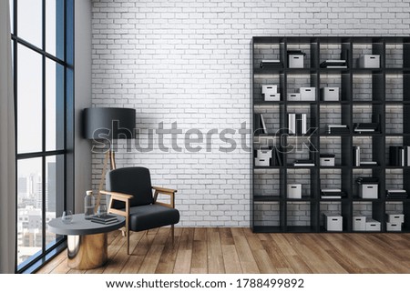Minimalistic  living room with chair, table and shelf with book. Art and design concept. 3D Rendering