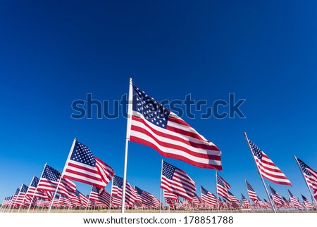 A display of American flags with a sky blue background
