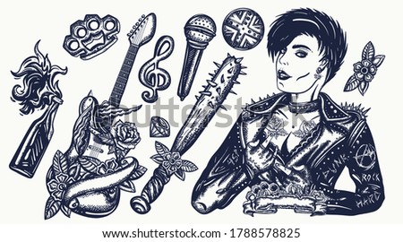 Punk music set. Old school tattoo vector collection. Punker with mohawk hairstyle, rock woman, guitarist girl. Hooligans lifestyle. Electric guitar. Anarchy art