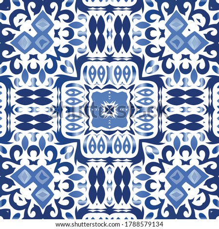 Ornamental azulejo portugal tiles decor. Vector seamless pattern arabesque. Bathroom design. Blue gorgeous flower folk print for linens, smartphone cases, scrapbooking, bags or T-shirts.