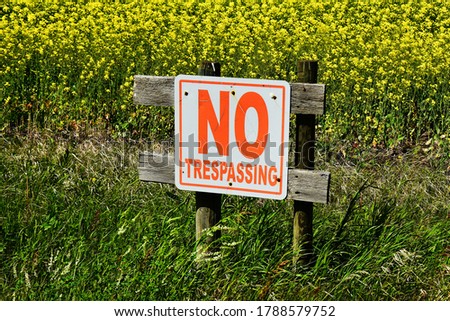 An image of an old no trespassing sign posted on the edge of a canola field. 
