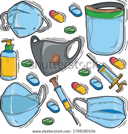 set of hand drawing medical equipment for handling covid-19 viruses in doodle style