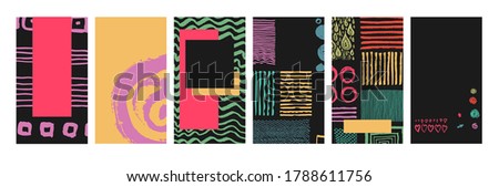 Set of artistic templates for social media marketing, phone screen proportions. Colorful grungy textures on black background. Hand drawn elements. Vector EPS10 illustration