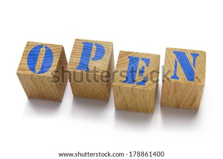wood blocks with open word on white background