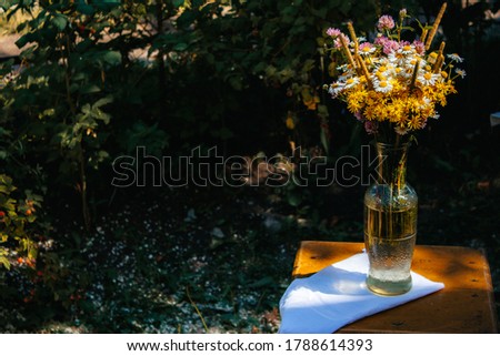 daisies, clover, yellow flowers, grass Sedge in a field bouquet are in a vase in the garden on a chair