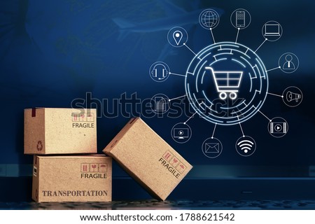 Small paper boxes on notebook with a plane flies behind. An ideas about transportation, international freight, global shipping, overseas trade, regional, or local forwarding.