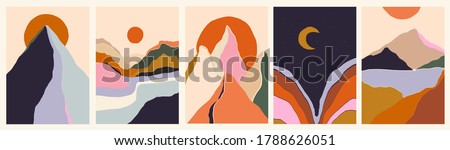 Trendy minimalist abstract landscape illustrations. Set of hand drawn contemporary artistic posters.  Royalty-Free Stock Photo #1788626051