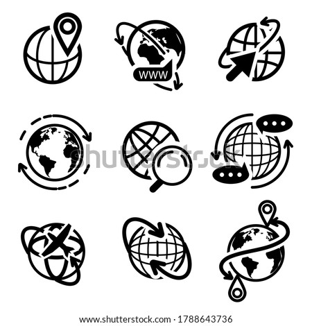 Earth globe icon set. Isolated flat world map symbol line icon collection. Planet earth globe with arrows and pointer signs. Vector global internet, logistic travel, communication network concept