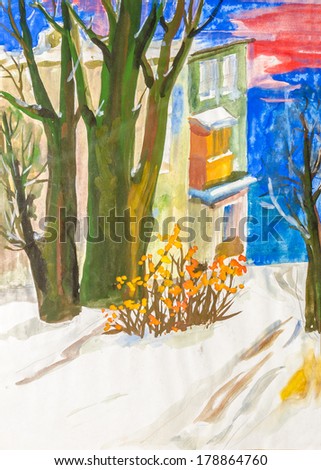 Urban landscape with trees painted by watercolor.