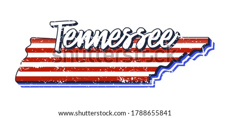 American flag in tennessee state map. Vector grunge style with Typography hand drawn lettering tennessee on map shaped old grunge vintage American national flag isolated on white background
