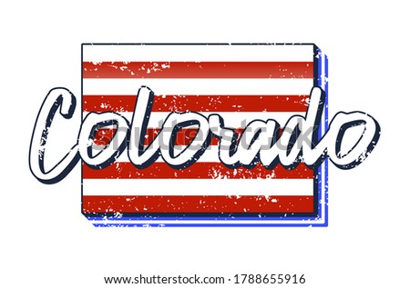 American flag in colorado state map. Vector grunge style with Typography hand drawn lettering colorado on map shaped old grunge vintage American national flag isolated on white background
