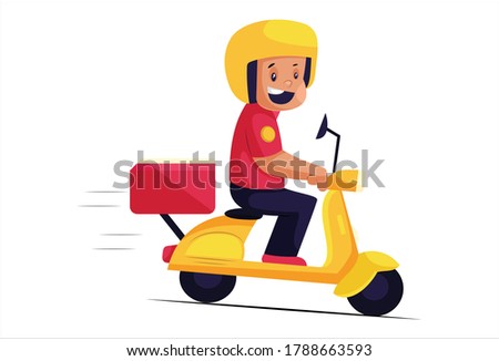 Vector graphic illustration. Pizza delivery boy is on a scooter and smiling. Individually on white background.	