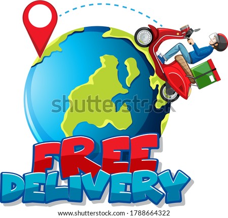Free delivery logo with bikeman or courier riding on the earth illustration