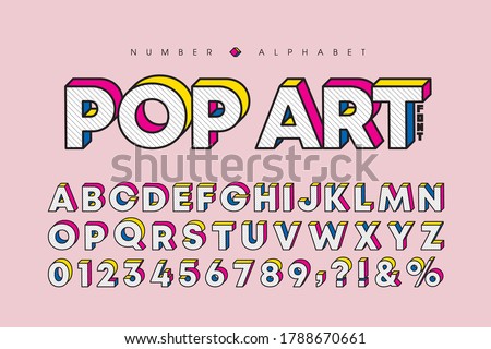 Modern pop art 3 dimensional letters and number set. Stylish bold font or typeface for headline, title, poster, web design, brochure, layout or graphic print. Flat vector 3D alphabet & number. Royalty-Free Stock Photo #1788670661