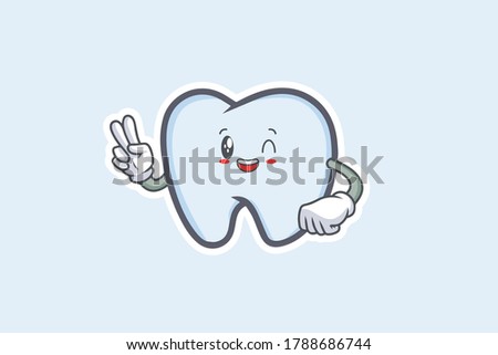 GRINNING WINK, HAPPY, CHEERFUL Face Emotion. Peace Hand Gesture. Tooth Cartoon Drawing Mascot Illustration.