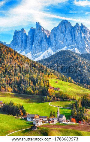 Awesome autumn scene of magnificent  Santa Maddalena village in Dolomites.  Location: Santa Maddalena village, Val di Funes, Trentino-Alto Adige, Dolomites, Italy, Europe Royalty-Free Stock Photo #1788689573