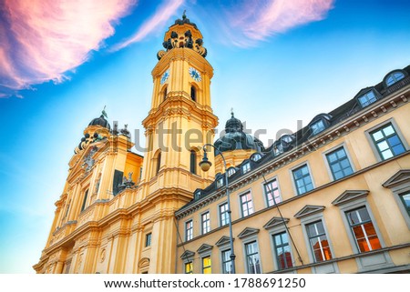 Picturesque autumn cityscape and view on Theatine Church of St. Kajetan or Theatinerkirche in Munich. Location: Munich, Bavaria, Germany, Europe.