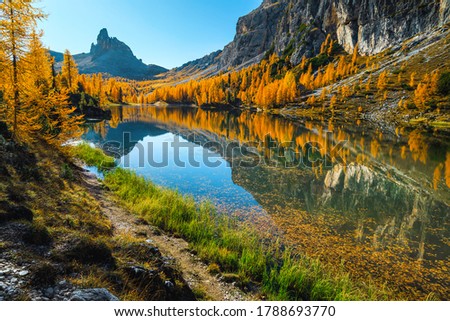 Beautiful autumn landscape with spectacular mountain lake and colorful yellow larches in the Dolomites, lake Federa, Italy, Europe Royalty-Free Stock Photo #1788693770