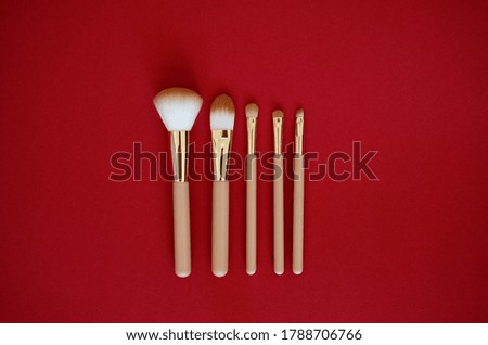 Set of makeup brushes on a red  background. Top view point, flat lay. Beauty and trend style concept.