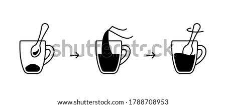 Instant coffee preparation, instruction for packaging. Basic steps to get finished drink from freeze-dried granulated coffee. Linear icon of kettle, cup, teaspoon. Contour isolated vector illustration Royalty-Free Stock Photo #1788708953