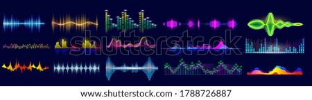 Sound wave set. Isolated flat audio sound waves. Abstract pulse frequency waveform design collection. Vector music equalizer digital technology illustration