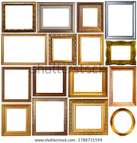 Set of various antique photo frames on white background

