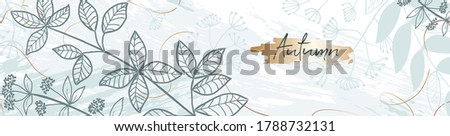 Hand drawn texture with leaves and plants. Abstract natural elements in trendy doodle style for holiday. Contemporary modern trendy vector banner, background, template, greeting card. 