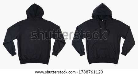 Blank black male hooded sweatshirt long sleeve with clipping path, mens hoody with zipped for your design mockup for print, isolated on white background. Template sport winter clothes. Blank hoodie. Royalty-Free Stock Photo #1788761120