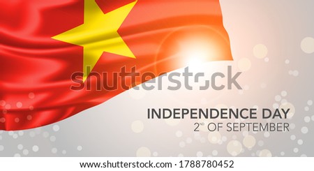 Vietnam happy independence day vector banner, greeting card. Vietnamese realistic wavy flag in 2nd of September national patriotic holiday horizontal design