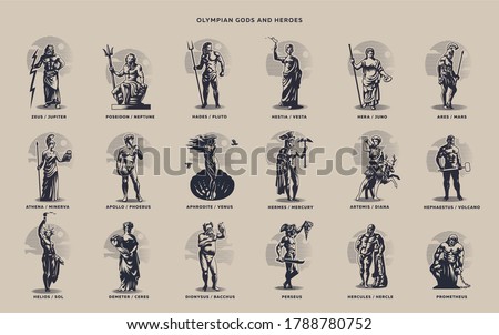 Olympic heroes. Greek and Roman gods. Zeus, Poseidon, Hades, Artemis, Ares, Venus. Royalty-Free Stock Photo #1788780752