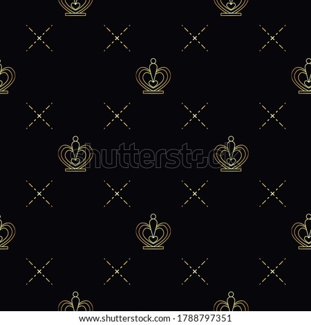Golden crown seamless vector pattern. Geometric gold outline symbol of royalty. Vintage King and Queen logo Background.