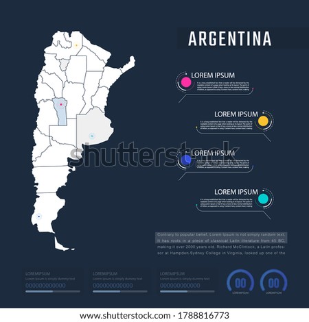 Argentina country map infographics vector with pointer marks and circle chart.  Editable Infographics template. Vector illustration