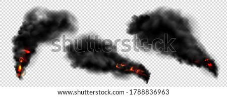 Black smoke with fire, dark fog clouds or steam trails. Industrial smog, factory or plant environmental air pollution isolated on transparent background, Realistic 3d vector illustration, icons set