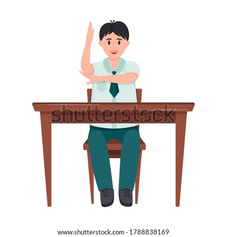 A schoolboy is sitting at a Desk. The student boy raised his hand to answer. The child smiles. School lesson. Elements are isolated on a white background.Color vector illustration in a flat style