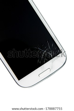 Broken screen smart phone isolated on white background