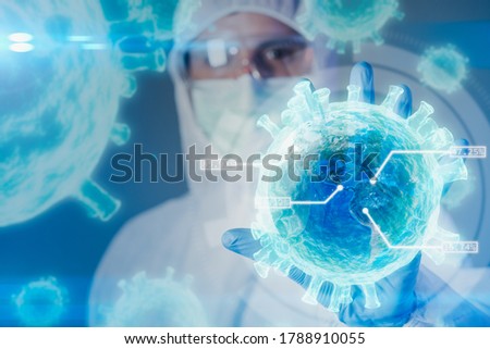 the scientists are holding the coronavirus's hologram the laboratory. the concept of coronavirus, vaccination, laboratory and medical. Royalty-Free Stock Photo #1788910055