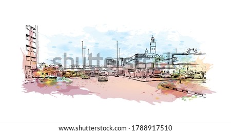 Building view with landmark of Ajman is the capital of the emirate of Ajman in the United Arab Emirates. Watercolor splash with hand drawn sketch illustration in vector.