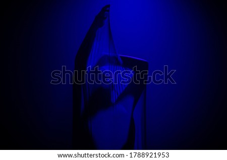 Actress on stage inside an elastic cloth in motion. Abstract photograph of blue tones that show energy, flexibility, strength and body expression.