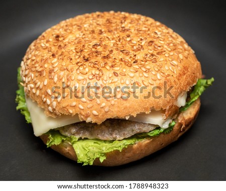 Hamburger, bun with cutlet, cheese and herbs.