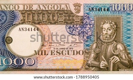 Luis Vaz de Camoes (Camoens), tgreat Portugal poet. Portrait from Angola 1000 Escudos 1973 Banknotes.