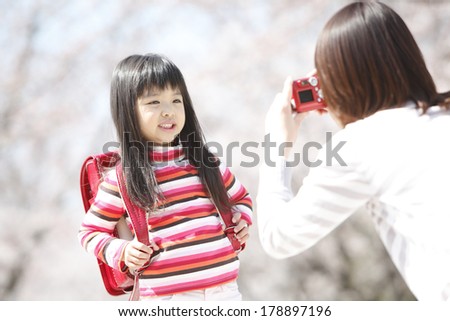 Japanese mother shoots a picture of the elementary girls under the cherry tree