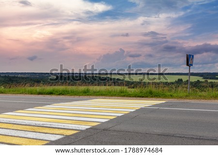 Empty suburban paved road with a pedestrian crosswalk overlooking green fields and a beautiful sunset sky. The concept of safety of people on highways
