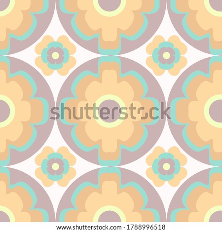 Vector floral repeating pattern tile in a retro style in apricot, lilac and aqua on a white background. Simple floral in pastel shades makes a delicate summery print for fabrics and surfaces.