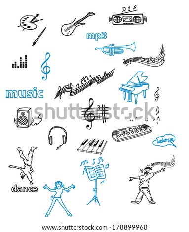 Hand drawn music icon set isolated on white, vector 