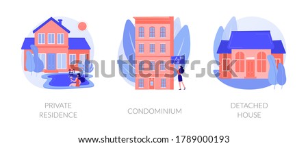 Single family home abstract concept vector illustration set. Private residence, condominium, detached house, land ownership, real estate market, stand-alone household, appartment abstract metaphor. Royalty-Free Stock Photo #1789000193