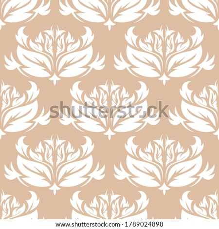 Floral seamless white pattern on beige background. Vector illustration