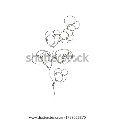 Decorative hand drawn cotton branch, design element. Can be used for cards, invitations, banners, posters, print design. Continuous line art style