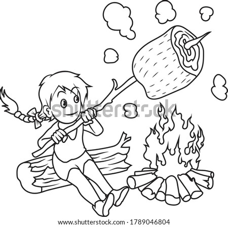 The braid girl sat on the fire and grill a large piece of meat with a skewer cartoon vector