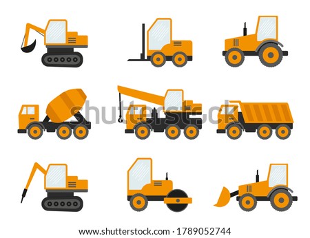 Seamless Pattern With Construction Tracks: Dipper, Bulldozer, Tractor, Excavator, Concrete Mixer. Flat Vector Illustration